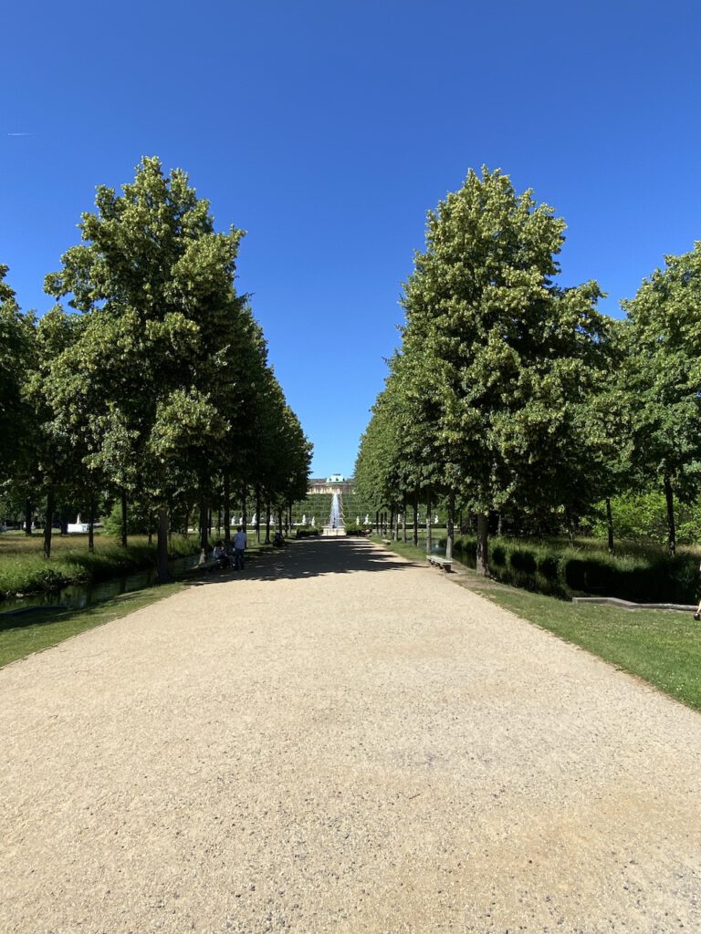 Park Sanssouci: Spazierweg zur Terrassenanlage, dem Brunnen mit der Fontäne und dem Schloss