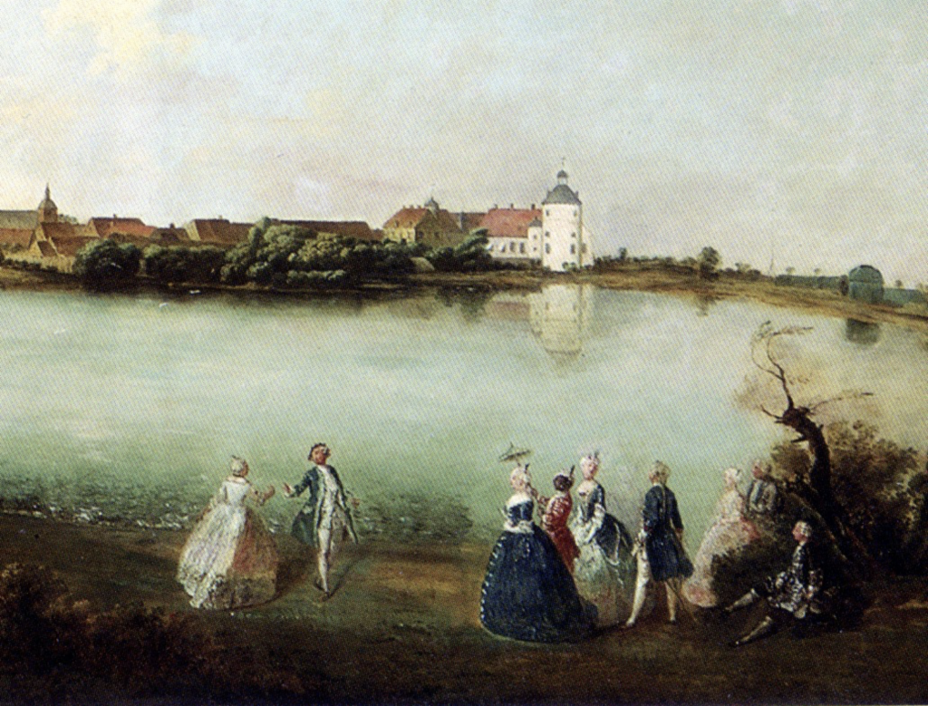 Schloss Rheinsberg auf einem Gemäldeausschnitt von Knobelsdorff aus dem Jahre 1737