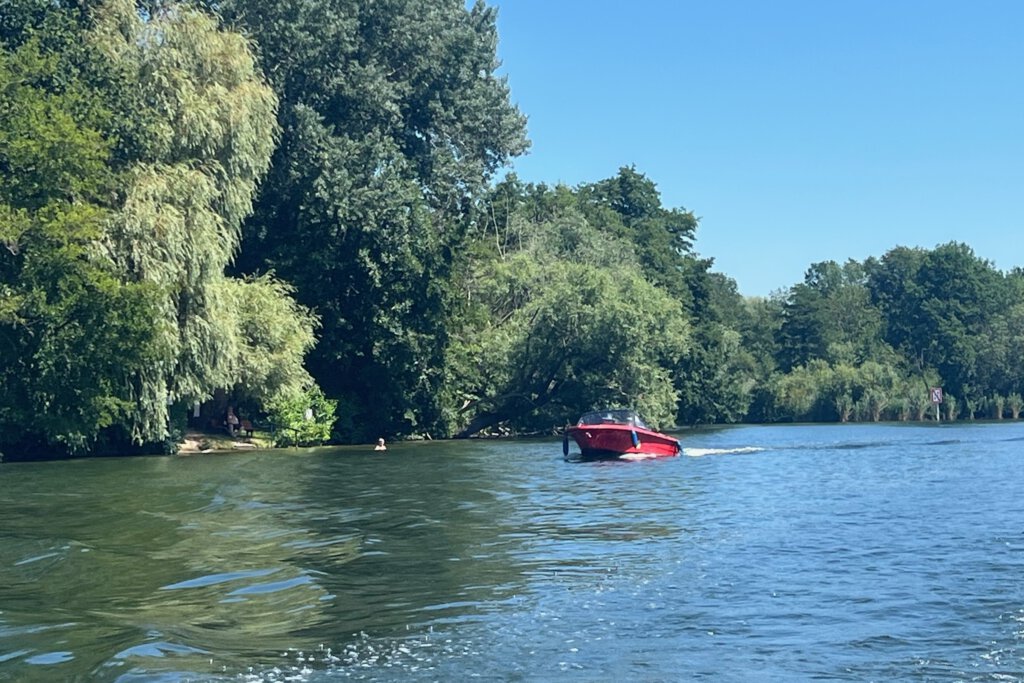 Ein roter Ibis, das offene Motorboot aus der DDR, fährt, vorbei an hohen Bäumen, durch den Strenggraben auf den Glindower See.