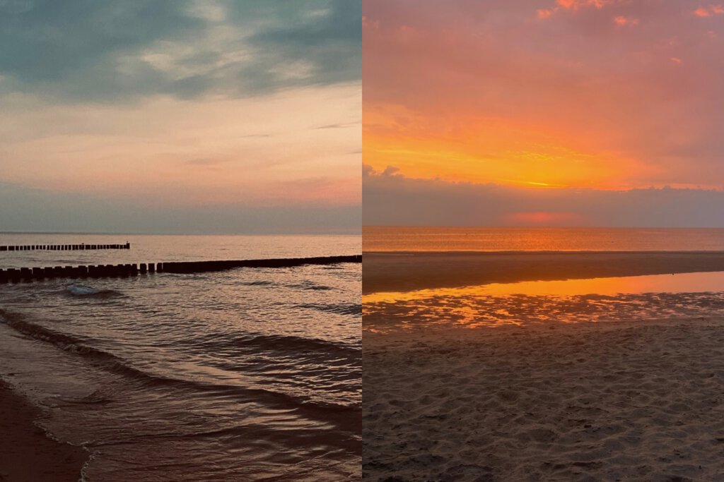 Collage aus Nordsee und Ostsee im Abendrot – Vergleich der Küstenlandschaften