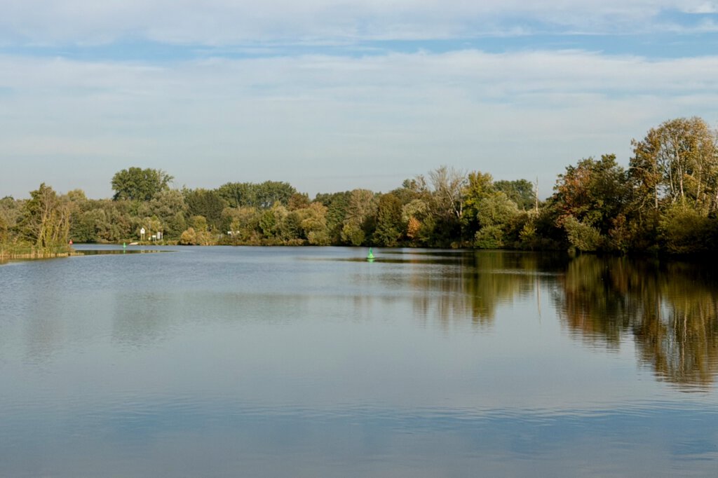 Die glatte Havel wird von Bäumen in Herbstfarben gesäumt.